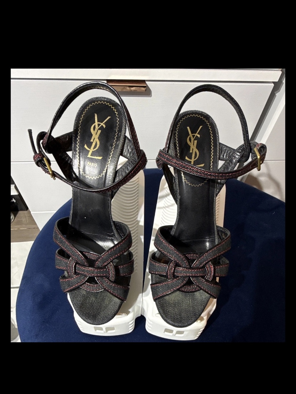 Saint Laurent Tribute Black Denim Ankle-Strap Platform Sandals